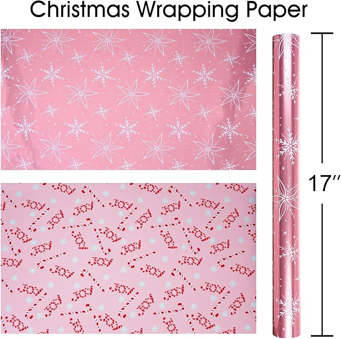 MAYPLUSS Pink Christmas Wrapping Paper Roll - 17IN X 33FT - Christmas Gift Wrapping Paper Featuring White Snowflake Reversible Candy Cane for Kids, Holiday, New Year