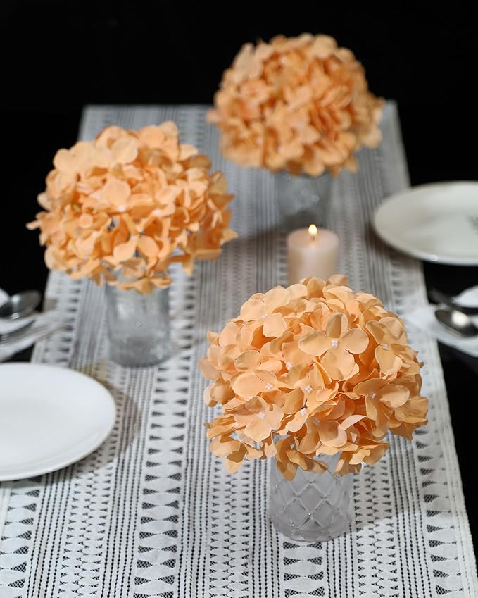 DuHouse 8.7" Silk Hydrangea Flower Heads with Stems Fake Hydrangeas Flowers for DIY Wedding Centerpiece Home Decor,Pack of 6(Peach Fuzz)