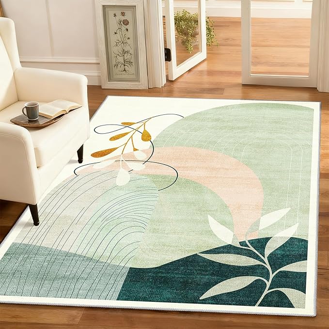 MUJOO 3x5 Washable Rugs,Boho Large Area Rug for Entryway Kitchen Entry Bedroom Bedside Foyer,Small Throw Carpet Indoor Non Slip Mid Century Modern Abstract Botanical Geometric Accent Green