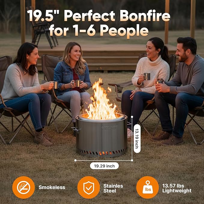 Golabs Smokeless Fire Pit 19.5", Portable with Handle, Stainless Steel Outdoor Firepit with Removable Ash Pan & Fire Poker, Easy to Clean, Efficient Heating & Less Ash, Perfect for Backyard & Camping