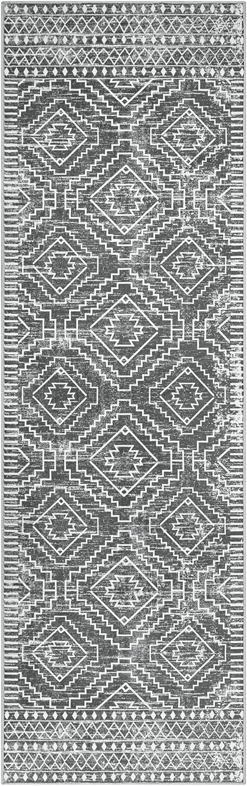Wonnitar Moroccan Washable Kitchen Runner Rug 2'6"x8', Non-Slip Dark Grey Boho Rug Runners for Hallways, Farmhouse Floor Carpet Soft Runner for Bathroom Hall Entyway (Dark Grey,2'6"x8')