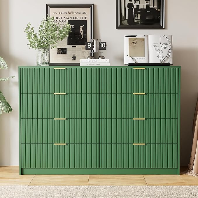 Green Dresser for Bedroom, Modern Dresser with 8 Drawers and Smooth Slides, Wide Chest of Drawers with Golden Handles for Bedroom, Closet, 15.7" D x 55" W x 37.4" H