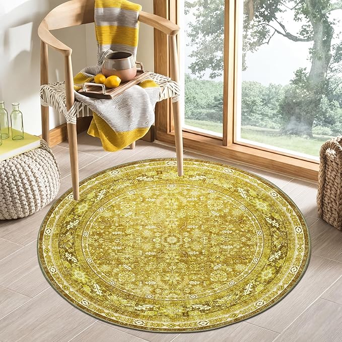 OPPODREAM Vintage Yellow Round Rug 3ft, 3 ft Retro Washable Circle Rug Non Slip, Low-Pile Faux Wool Circular Carpet, Distressed Floor Mat for Living Room, Bedroom, Office, Dorm, Dinning Room