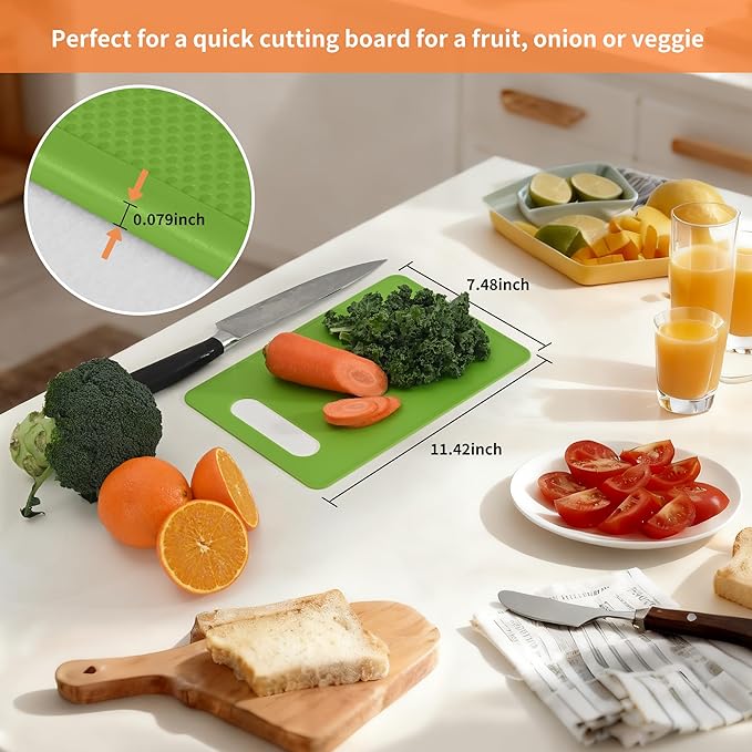 Cutting Board Set of 4, 11.4" x 7.5" x 0.1", Red Green Yellow White, Plastic Kitchen Cutting Boards with Juice Groove & Handle Hole, Lightweight & Dishwasher Safe