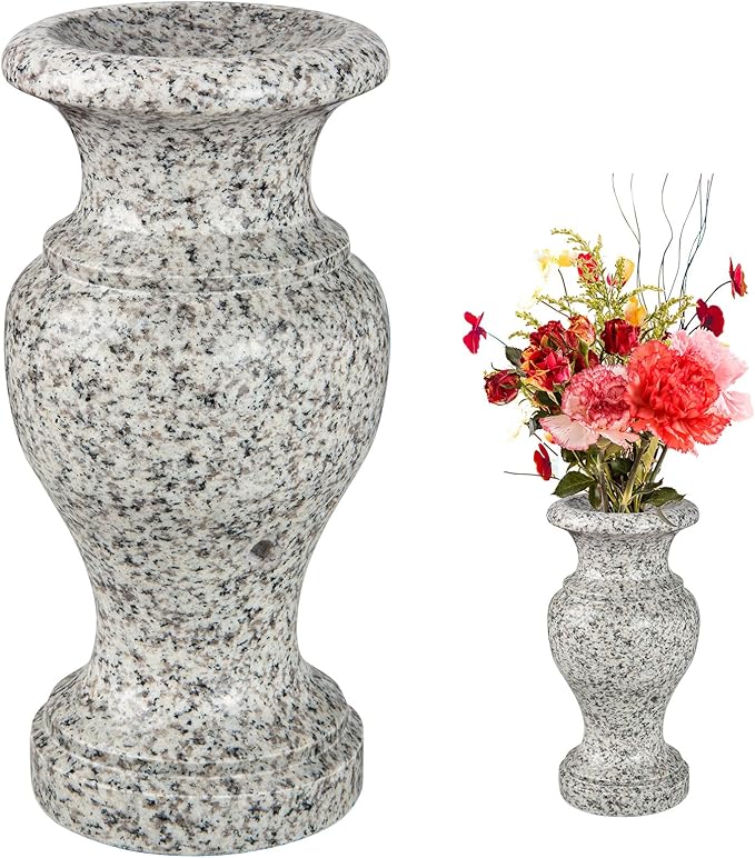 Cemetery Vase, Turned Granite Vase Polished, Memorial Stone Vases with Draining Holes for Home Tabletop, Cemetery Flowers, Grave Headstone Decorations (1pc, Grey)