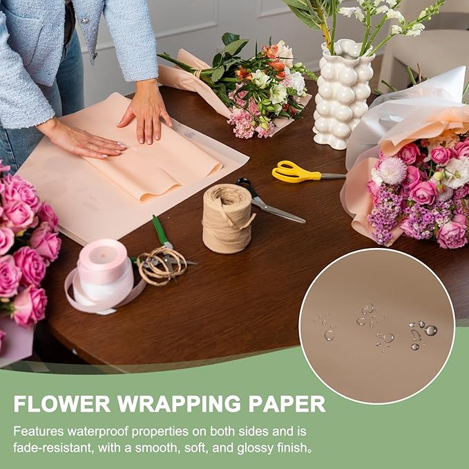 PATIKIL Flower Gift Wrapping Paper, 20 Sheets Gold Edge Waterproof Bouquet Paper Wrap Florist Supplies Packaging Floral Papers for Wedding DIY Craft Valentine Mother's Day, Brown