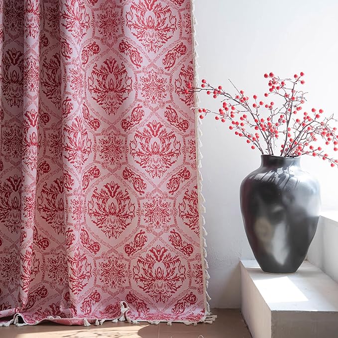 ENJOYBRIDAL Red Damask Curtains 96 Inches Living Room Bedroom Drapes 2 Panel Sets Vintage Semi Sheer Long Window Curtain Panels Dining Room Rod Pocket Jacquard Medallion Patterned Window Treatments