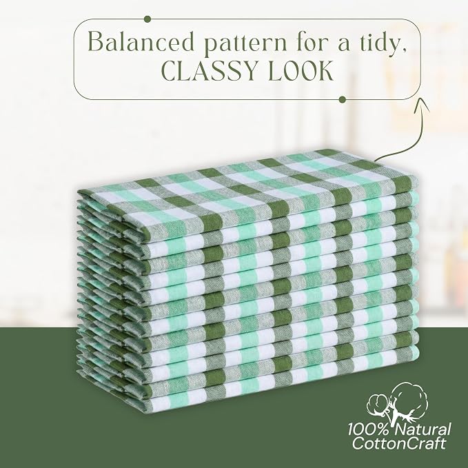 Checked Kitchen Towels 12 Pack, 18"x26", 100% Cotton, Absorbent Dish Towels for Kitchen Drying, Reusable Dishcloths for Cleaning, Quick Dry Wash Rags - Mint Green, Aqua Green, White