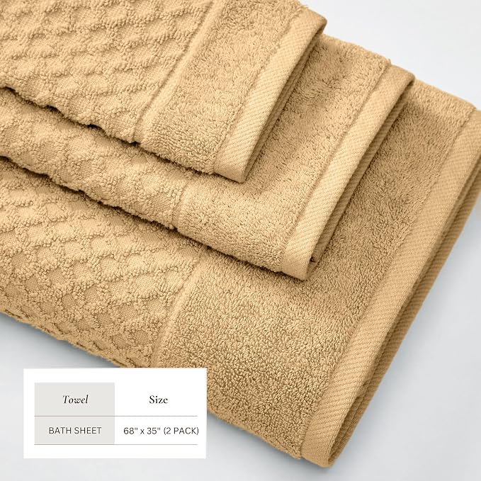 Great Bay Home Oversized Bath Sheets - 100% Cotton 2 Pack 68x35 Extra Large Towel - Absorbent, Durable, Quick-Dry Towels for Bathroom (Sand)