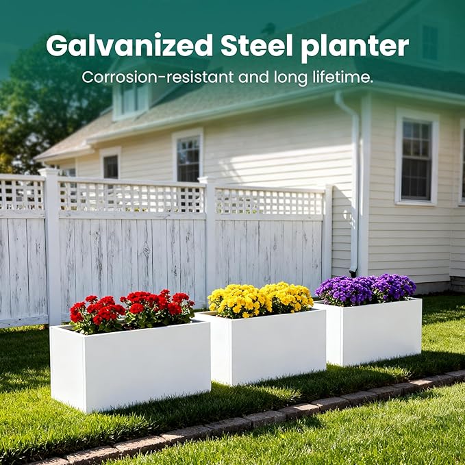 White Steel Rectangular Planter Metal Outdoor Indoor Planter Box 31.5" L x 16" W x 16" H Galvanized Steel Large Rectangle Planters Modern Commercial Residential for Trees Patio Yard Garden