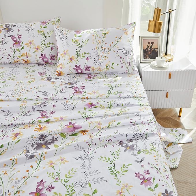Brandream Garden Style Floral Bedding Elegant Watercolor Farmhouse Sheets Set Queen Size Luxury Bedding Collections 800 Thread Count 100% Egyptian Cotton Deep Pocket, 4 Piece