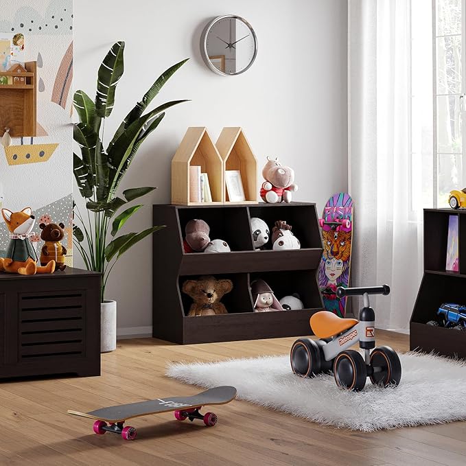 DINZI LVJ Kids Bookshelf, Toy Storage Organizer, Wooden Toy Cabinet, 4 Cubby Children Bookcase, 31.5" L Toddler Book Shelf for Bedroom, Nursery, Hallway, School, Espresso
