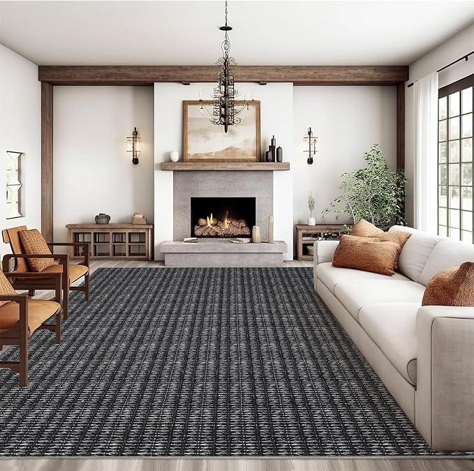 Washable 10x13 Modern Braided Print Area Rug for Living Room Low Pile Soft Bedroom Rugs Non Slip Modern Large Carpet Thin Foldable Boho Vintage Indoor Carpet for Playroom Open Living Room,Black