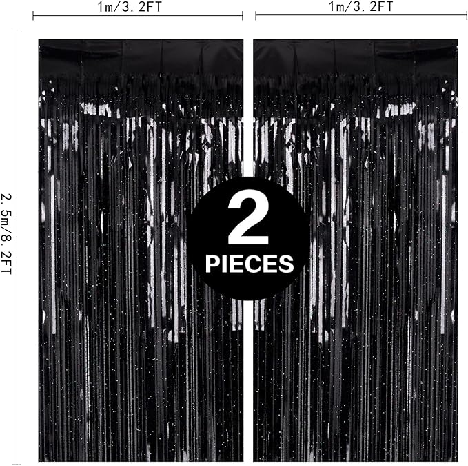 2 Pack 3.2ft x 8.2ft Black Tinsel Foil Fringe Curtain, Sparkle Metallic Foil Backdrop for Party Photo Booth Props New Years Eve Birthday Bridal Shower Bachelorette Holiday Decorations Supplies