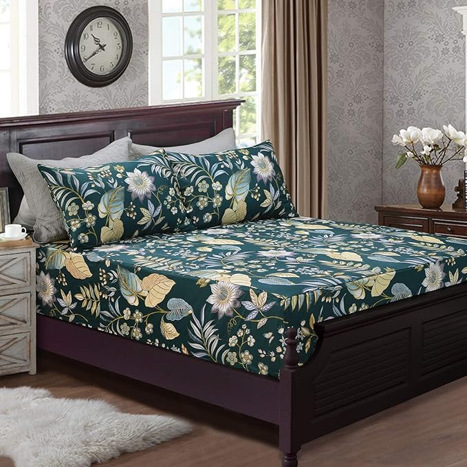 FADFAY Sheets Set Queen Teal Elegant Floral Sheets Tropical Plam Leave Sunflower Bedding 800 Thread Count Luxury Summer Bedding 100% Egyptian Cotton Deep Pocket Bed Sheets Set, 4 Pieces-Queen Size