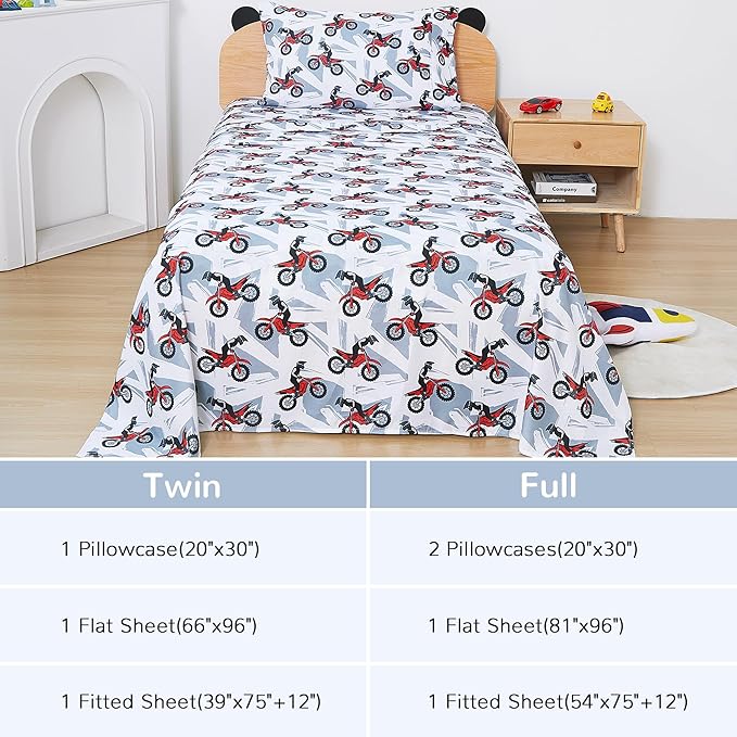 Viviland 4 Pieces Boys Grey Full Sheet Set - Soft Microfiber Fitted Flat Sheets & Pillowcase - Red Motorcycle Print Bedding Sets - for Kids & Toddlers