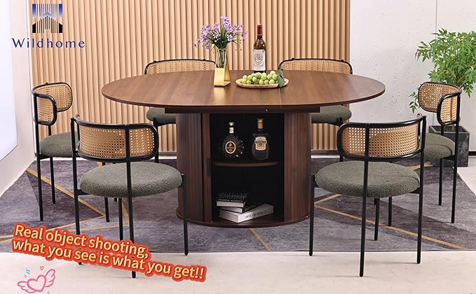 Extendable Round Dining Table for 2-4-6, 63 Inch Dining Room Kitchen Table with 2-Tier Storage Shelf, Modern Farmhouse Fluted Wood Slide Door Dinner Furniture,Oval Circle(Walnut-63 Inch)