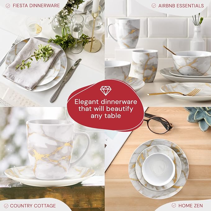 Safdie & Co 16-Piece Modern Premium Porcelain Ceramic Dinner Set, Lightweight Designed, Stackable, in Gold Marble/Gray Finish