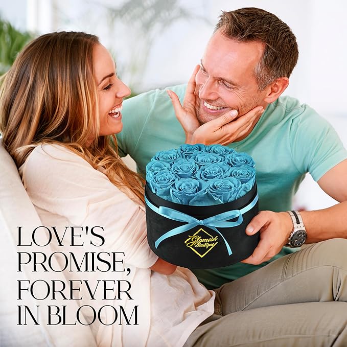 GLAMOUR BOUTIQUE Flowers Forever Gift Box 12 Real Preserved Roses in a Velvet Box, Birthday for Her Mom and Wife, Mothers Day, Anniversary, Graduation - Teal