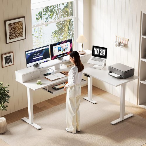 OffiGo L-Shaped Electric Standing Desk - Height Adjustable with Drawers & Monitor Stand | 59 Inch White