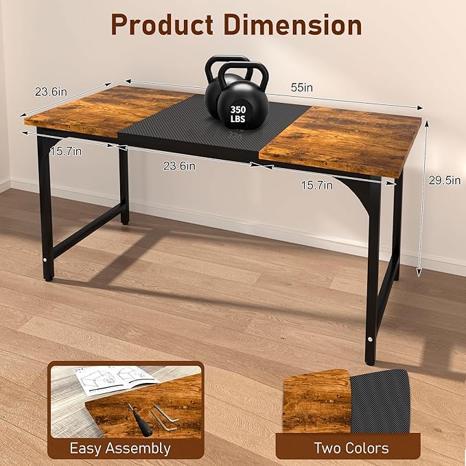 Computer Desk, 55 Inch Home Office Desks, Office Desk for Gaming Writing Study Work, Study Table with Large Legroom, Computer Desk with Metal Frame (Brown + Black Carbon Fiber Tabletop, 55inch)
