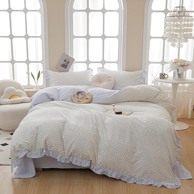 Garden Style Lace Duvet Cover Cute Blue Flower Print Ruffle Duvet Cover Twin Cotton Blue Striped Girls Floral Comforter Cover Lace Princess Bedding Set Vintage Floral Bedding Duvet Cover with Zipper