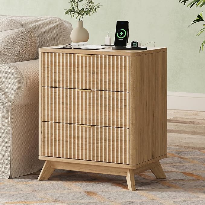 30" Tall Fluted NightStand,3 Drawers End Table with Charging Station,Modern Side Table with Storage, Night Stand Wood Bedside Tables for Bedroom,Curved Profile Design,Natural Oak