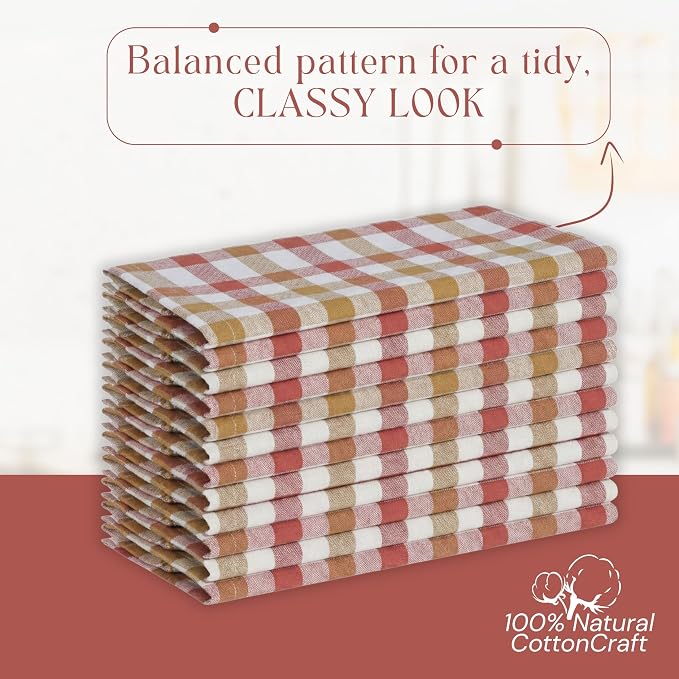 Multi Checkered Dish Towels 12 Pack, 18x26 Inches, 100% Cotton Kitchen Cloths, Quick Drying Wash Rags, Reusable & Absorbent, Washable Towels for Cleaning, Cooking - Rust, Tan, Natural