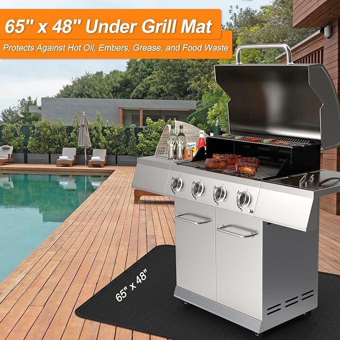 Stasover 65 x 48 Inch Under Grill Mats for Outdoor Grill, Fireproof & Heat Resistant Fiberglass Deck Protector, Waterproof & Oil-Proof BBQ Floor Pad for Deck, Patio, Grass – Easy Clean, Reusable