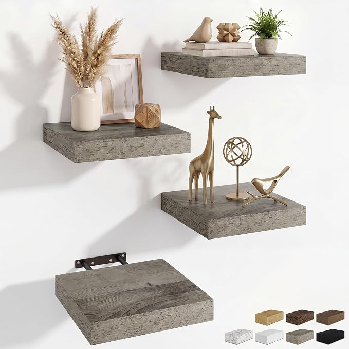 RICHFOCUS 8 Inch Floating Shelves for Wall Small Square Shelves Set for Bedroom|Kitchen|Bathroom|Laundry Room Rustic Wood Wall Mounted Shelf with Invisible Brackets for Books|Storage|Decor, Grey
