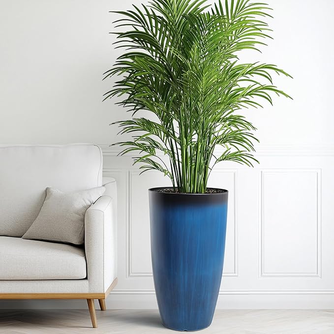 23.8" Tall Planters Large Set of 2 Plant Pots Plastic Flower Pots Outdoor Artistic Floating Cobalt Blue Glaze, UV-Protect & Lightweight PP Container for Garden, Patio, Deck, Porch, Indoor