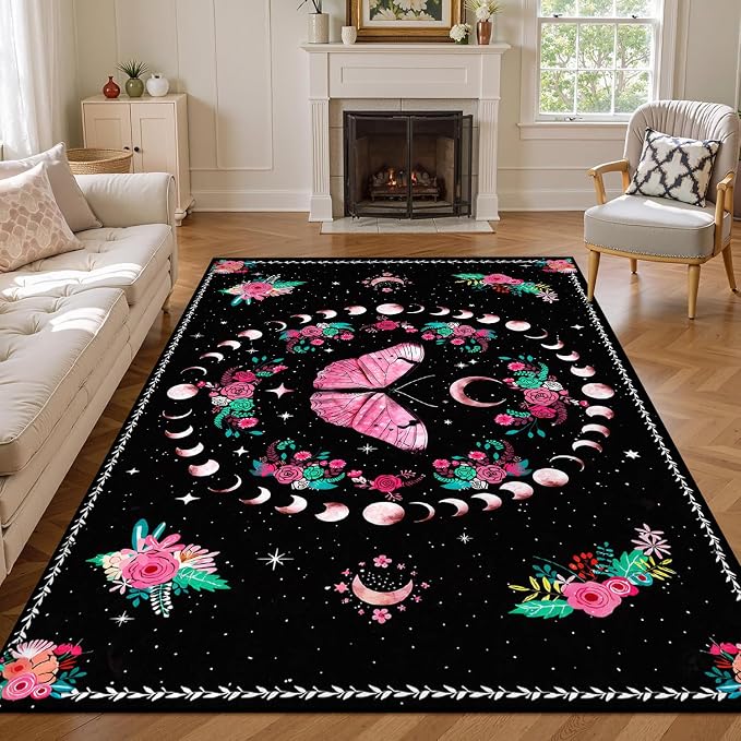 Pink Butterfly Area Rug 2'x3' Moon Phase Floral Rugs for Entryway Bedroom Living Room Kitchen Home Decor Boho Gothic Butterfly Carpet Non-Slip Washable Floor Mat