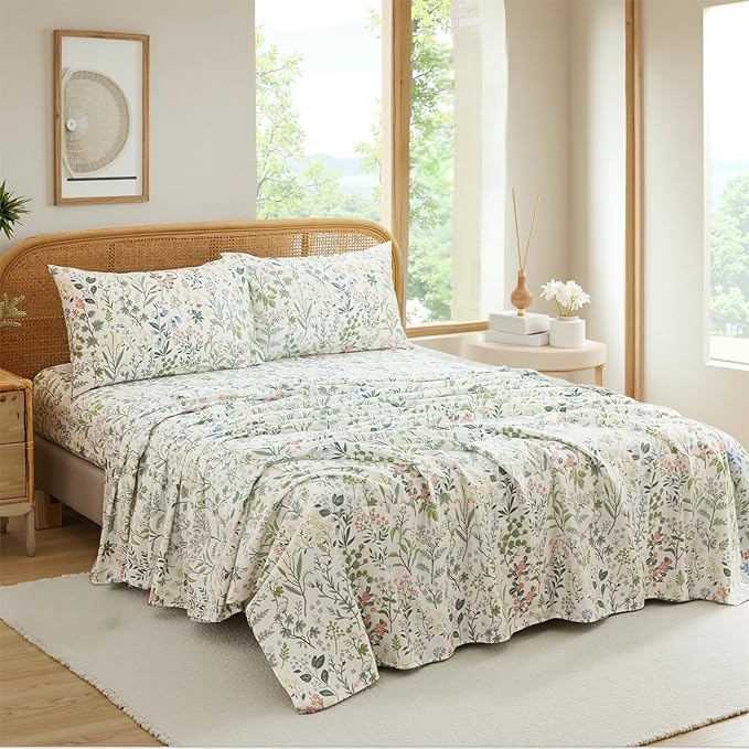 100% Cotton Sheet Set King Size – 4-Piece Vintage Green Garden Floral Bedding Set, Soft Breathable Percale Weave, Deep Pocket Fitted Sheet 17.5", Crisp Cool Feel, Refined Botanical Elegance