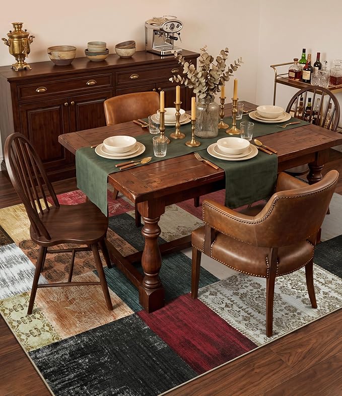 YIHOUSE Mid Century Modern Cowboy Area Rug 5x7 for Living Room,Retro Patchwork Rug Non Slip,Red and Brown Floral Farmhouse Rugs Washable, Geometric Boho Area Rug for Kitchen,Dining Room,Bedroom
