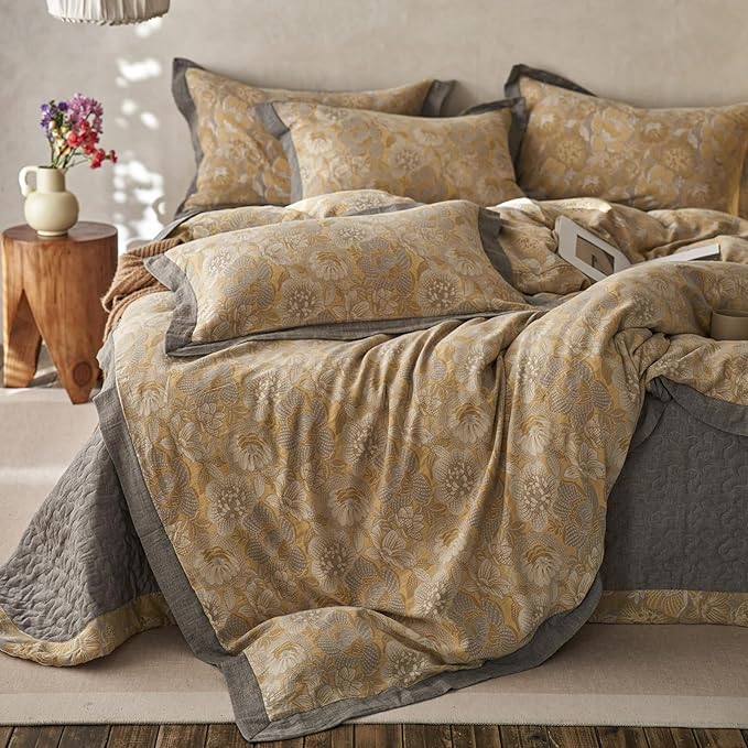 EAVD Vintage Style Yellow Floral Duvet Cover King Soft 100% Muslin Cotton Yarn-Dyed Jacquard Textured Bedding Set with 2 Pillowcases Linen Like Gauze Botanical Duvet Cover with Zipper Closure