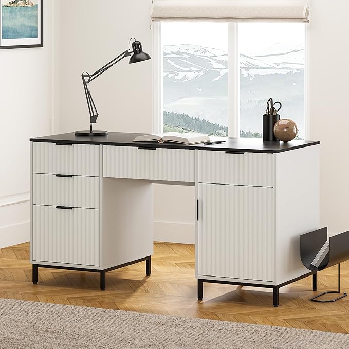 55" Fluted Executive Desk, Modern Wood Home Office Desk with Charging Station, Keyboard Tray, File Drawer, Storage Cabinet for Work Study Writing Desk, White and Black