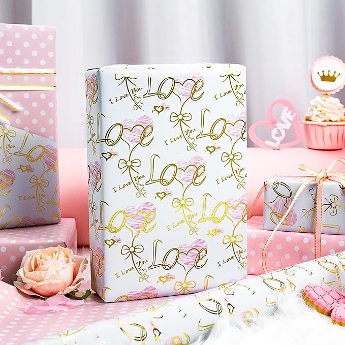 Yarcony Reversible Wedding Wrapping Paper, Heart Themed Gift Wrapping Paper, Creative Love & Bow Print Valentine's Day Gift Wrap for Girls, Women Birthday,Mother's Day, Anniversary(17 Inch X 33 Feet)