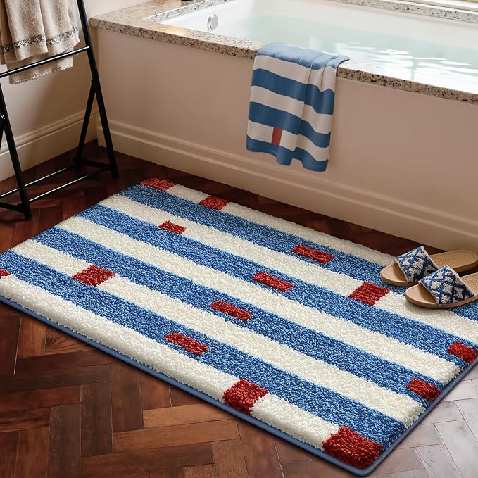 LUMI Bathroom Rugs with Blue White Stripe, Soft Absorbent Bath Mat for Modern Home Decor, Non-Slip Quick-Dry Bath Rug, Machine Washable Floor Mat for Shower and Tub, Entryway, 24"x36"