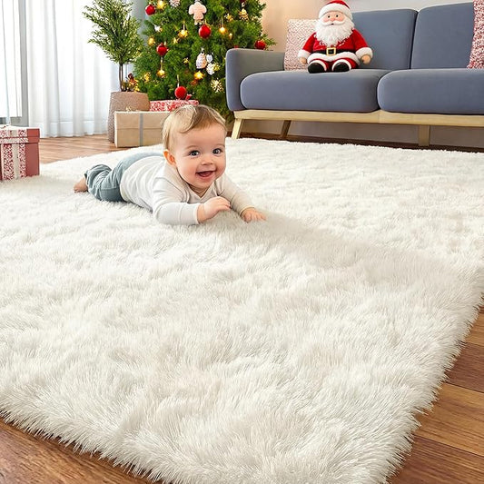 OLANLY 7x9 Machine Washable Large Area Rugs for Living Room, Bedroom, Soft Fluffy Shaggy Bedside Rug, Indoor Floor Carpet for Kids Girls and Boys, Dorms, Nursery, Home Decor Aesthetic, Ivory