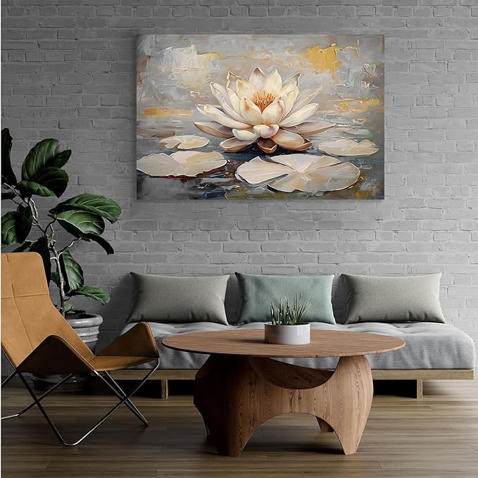 Ethereal white lotus floating on Crystal Waters poster vintage oil painting printwall art soft blush and gold accents serene home and office decor dreamy 12x18in Frameless