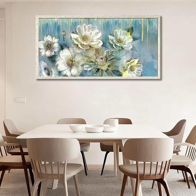 Ardemy Teal Canvas Wall Art Large Framed Magnolia White Floral Pictures Wall Decor Textured Painting Flowers Turquoise Artwork for Living Room Bedroom Dining Room Home Office, 40"x20"