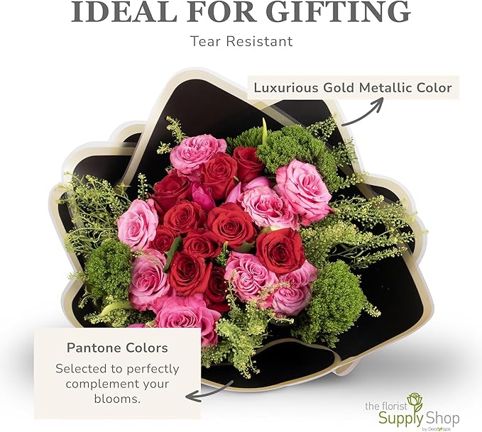 the florist Supply 20 Sheets Premium Flower Wrapping Paper | Waterproof Flower Wrapping Paper for Bouquets | Double Sided Floral Bouquet Sheets | DIY Gifts Rocio Black/Gold