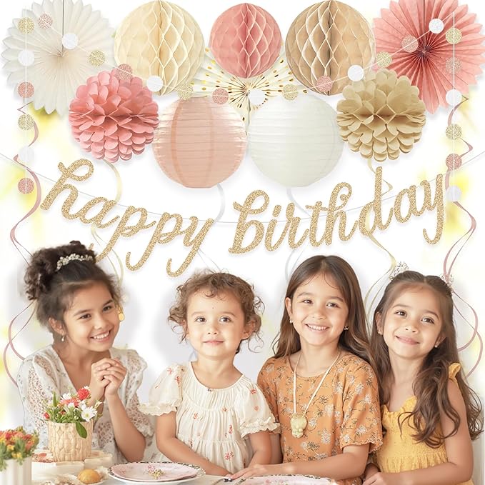 Boho Pink Happy Birthday Decorations, Pre-Strung Happy Birthday Banner with Honeycomb Balls, Paper Flowers, Lanterns, Fans, Hanging Swirls, Circle Dots Garland for Birthdays Party Decorations 24pcs