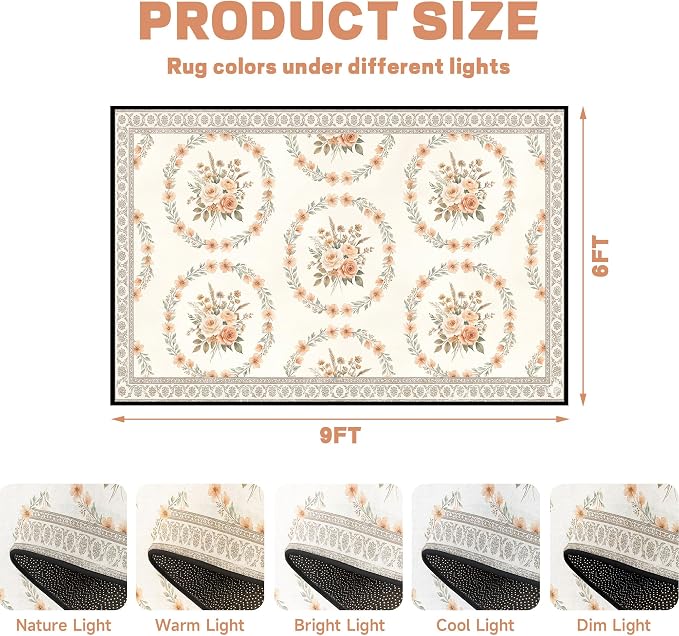 6'x9' Boho Floral Area Rug Vintage Peach Rose Carpet Non-Slip Washable Floor Mat Neutral Aesthetic Botanical Rug for Bedroom Living Room Nursery Kitchen Playroom Home Decor