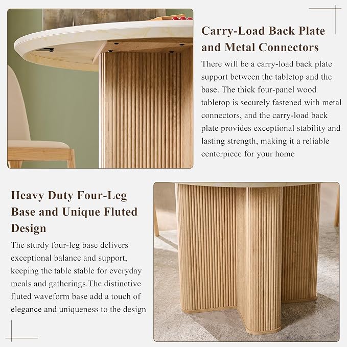T4TREAM 47" Fluted Round Dining Table for 4-6, Mid-Century Modern Kitchen Table with Thickened Edge & Sturdy Pedestal Base for Kitchen Living Room,Marble & Natural Oak