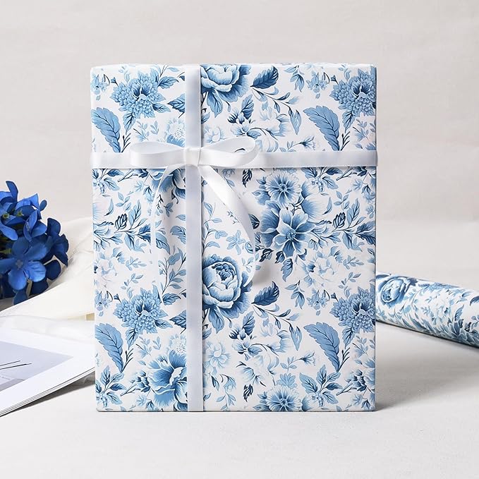 BIOBROWN Floral Wrapping Paper Jumbo Roll - 30 Inch X 33 Feet (82.5 sq. ft. ttl.) Blue White Peony Design Chinoiserie Gift Wrap Stone Paper for Christmas, Wedding, Bridal Shower, Mother's Day