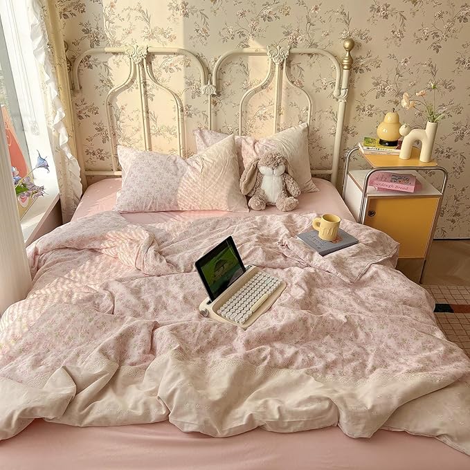 LifeTB Pink Floral Duvet Cover King Romantic Lace Bedding Set Garden Style Cottagecore Flower Duvet Cover with Zipper Closure Soft Washed Microfiber Botanical Comforter Cover for Girls Women