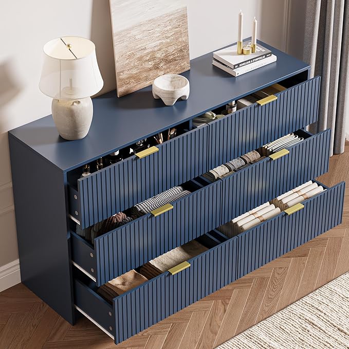 3-Piece Dresser Bedroom Set, 6 Drawer Dresser & 3 Drawer Nightstands with Gold Handles, Fluted Wood Chest of Drawers for Bedroom, Living Room, Entryway, Navy Blue