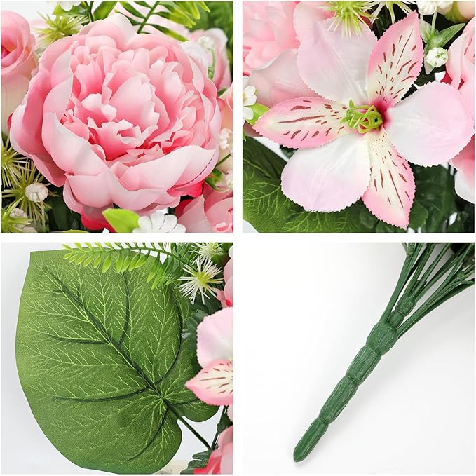 Hollyone Set of 2 Artificial Cemetery Flower for Graves Cemetery Memorial Flowers for Outdoor Grave Decorations Silk Flower Arrangements Pink Rose Peonies Lily Floral Flowers Bouquets