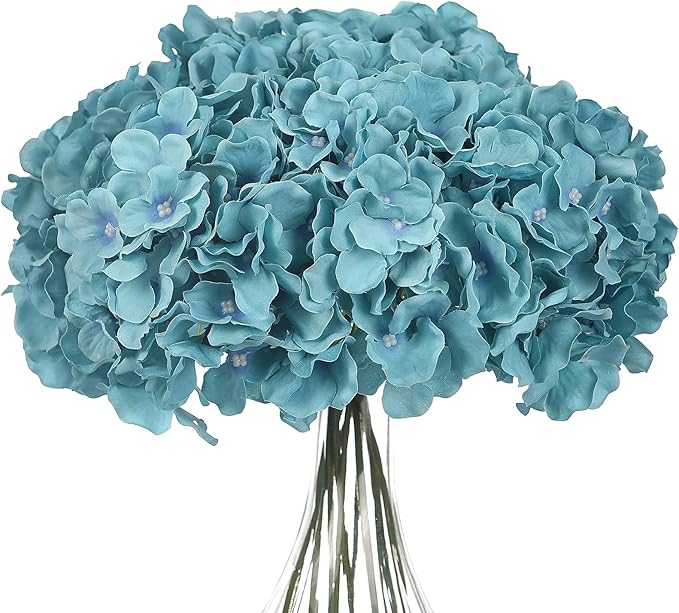 10PCS Artificial Hydrangea Flowers, Fake Hydrangea Silk Flowers Heads with Stems for Wedding Home Party Shop Baby Shower Decoration-Lake Blue